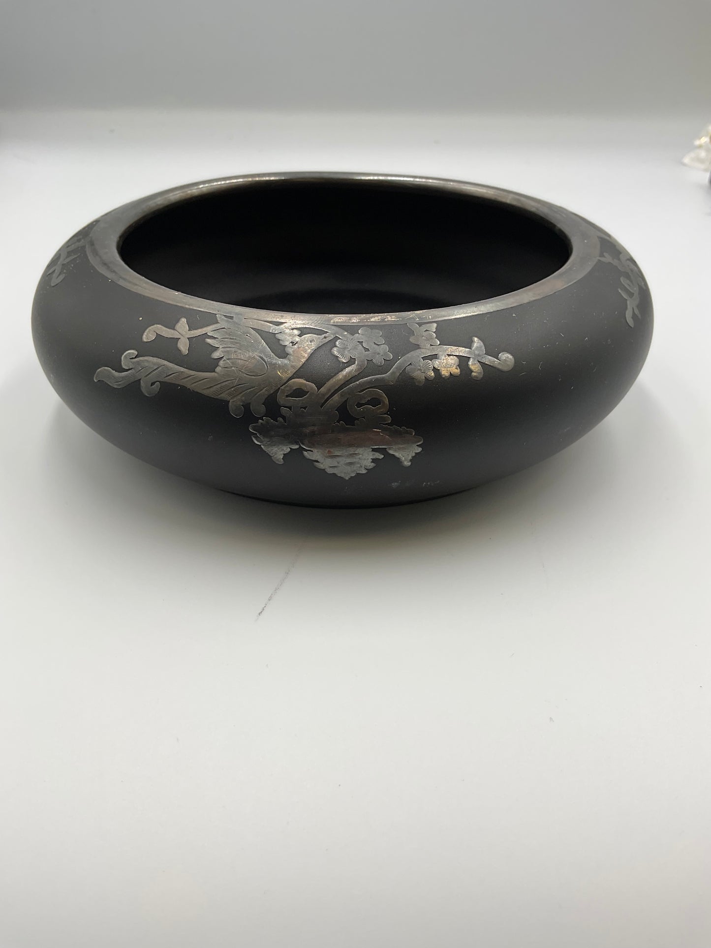 Vintage Basalt Black Glass w/Silver Overlay Center Bowl