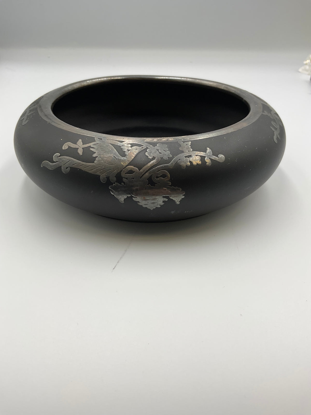 Vintage Basalt Black Glass w/Silver Overlay Center Bowl