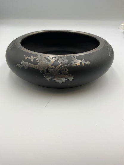 Vintage Basalt Black Glass w/Silver Overlay Center Bowl