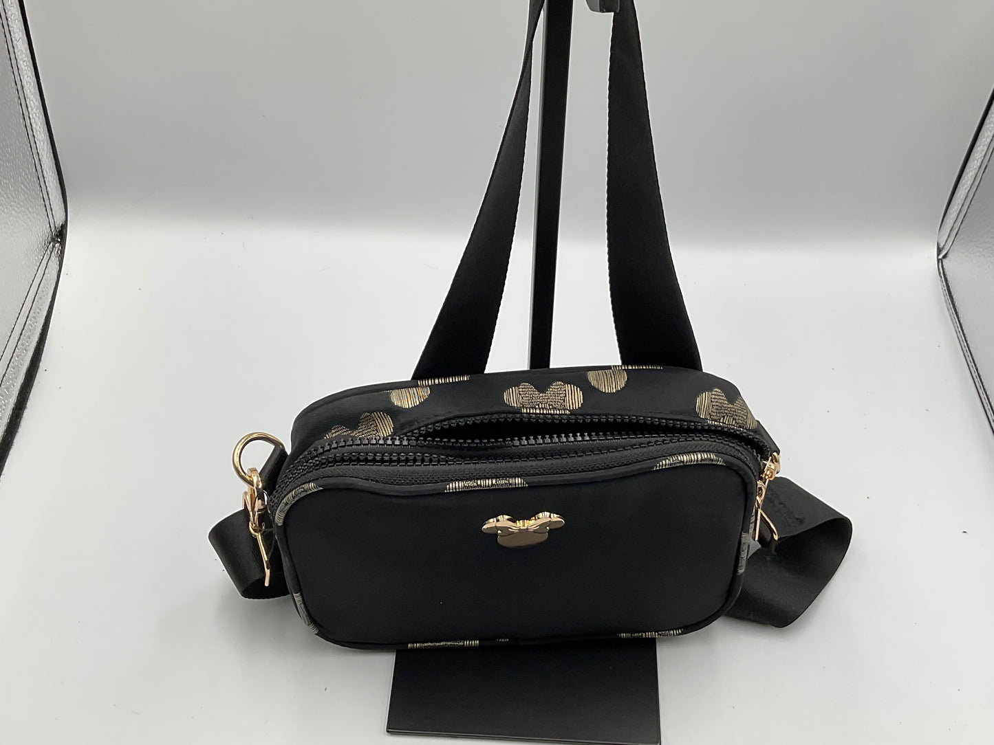 Disney Minnie Mouse Black And Gold Zipper Crossbody Belt Bag
