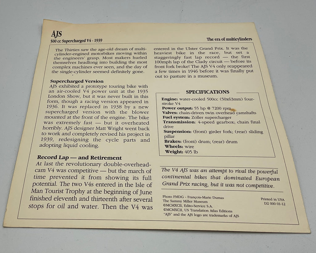 Vintage AJS 500cc Supercharged V4 Competition Motorcycle Info Card Spec Sheet