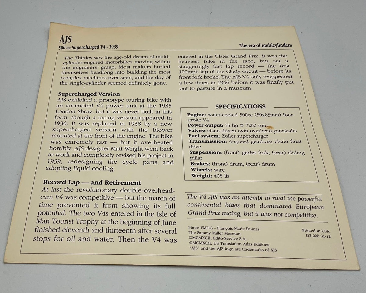 Vintage AJS 500cc Supercharged V4 Competition Motorcycle Info Card Spec Sheet