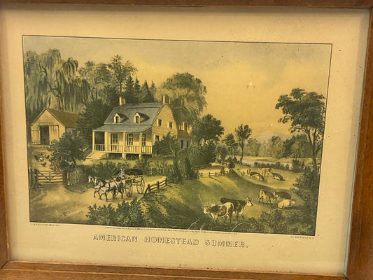 American Homestead Summer Wooden Frame Currier Ives Reproduction 7 7/8"x12 3/8"