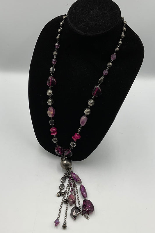 Purple Stone and Bead Chain Necklace