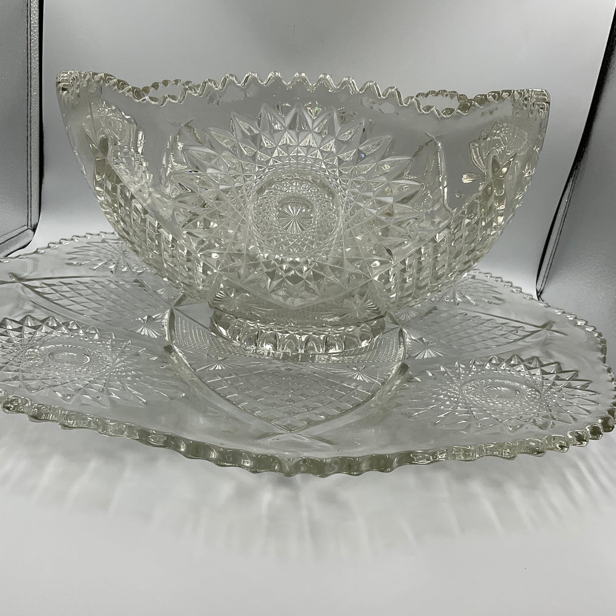 Ornate Glass Bowl with Matching Plate