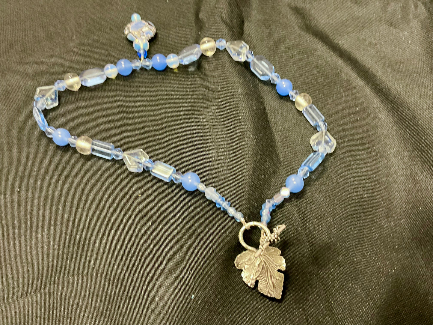 Blue and Gold Choker Necklace with Gold Leaf clasp and Stone Pendant