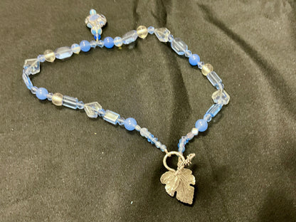 Blue and Gold Choker Necklace with Gold Leaf clasp and Stone Pendant