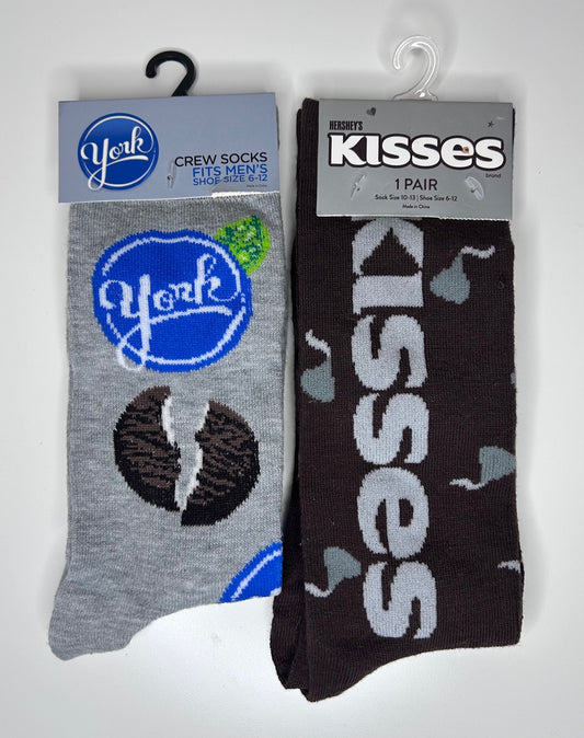 Men's Hershey's Chocolate Socks 2 Pairs Hershey's Kisses York Peppermint Patties Shoe Size 6-12 Fashion Novelty Crew Socks Hershey's Chocolate Snacks Brands Dress Socks