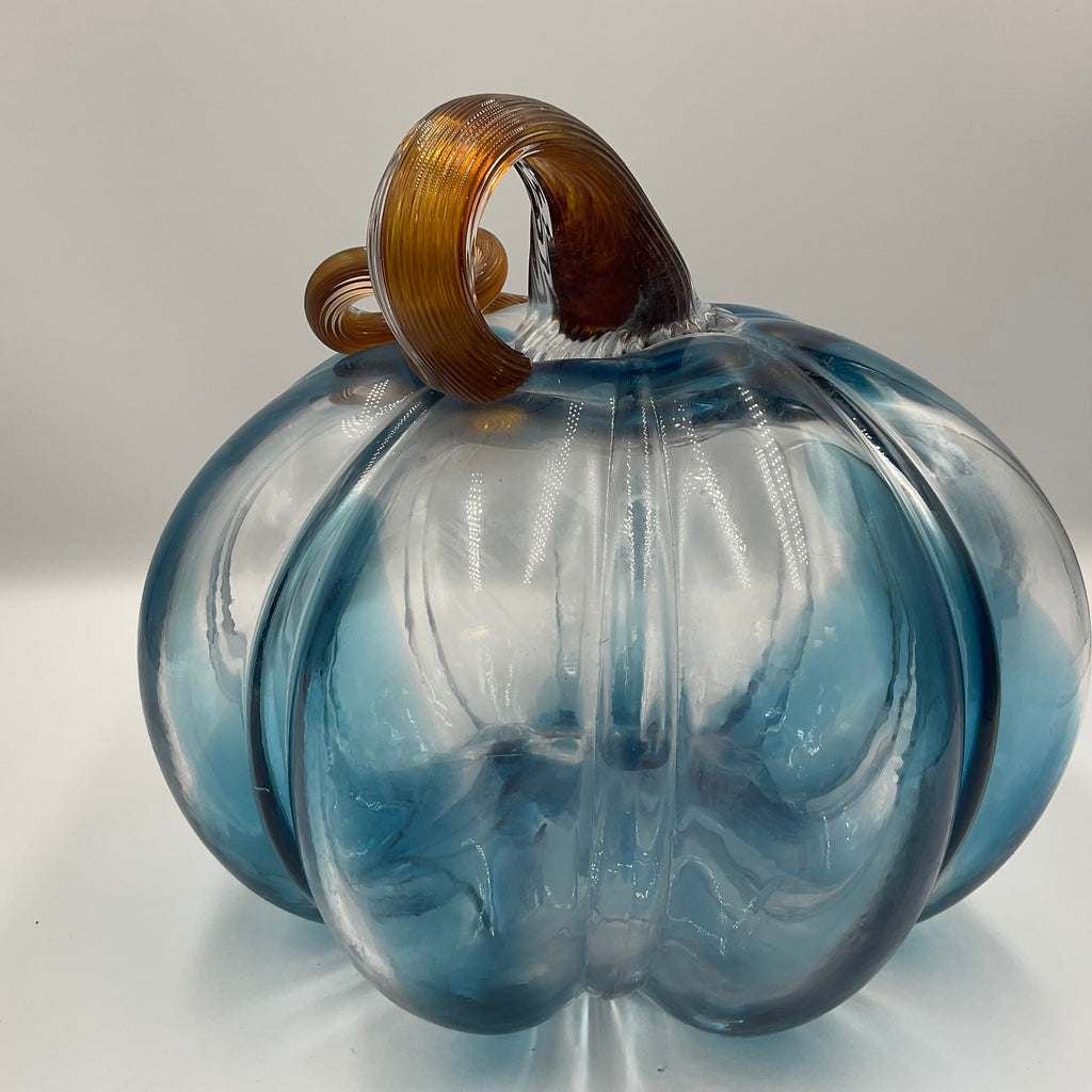 Glass Pumpkin Hand-Blown Blue Brown Stem
