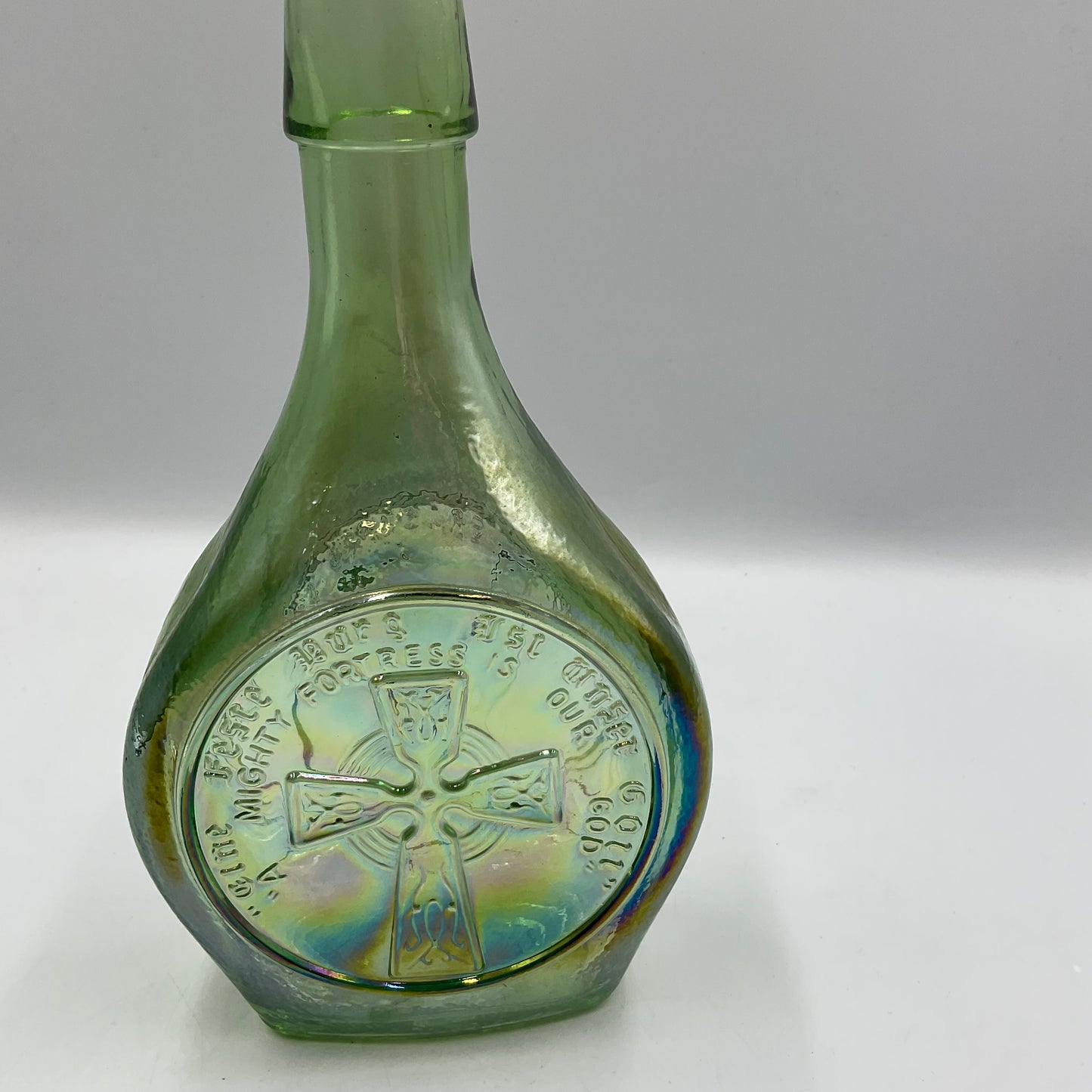 Vintage Wheaton Featuring Billy Graham Green Iridescent Carnival Glass Bottle