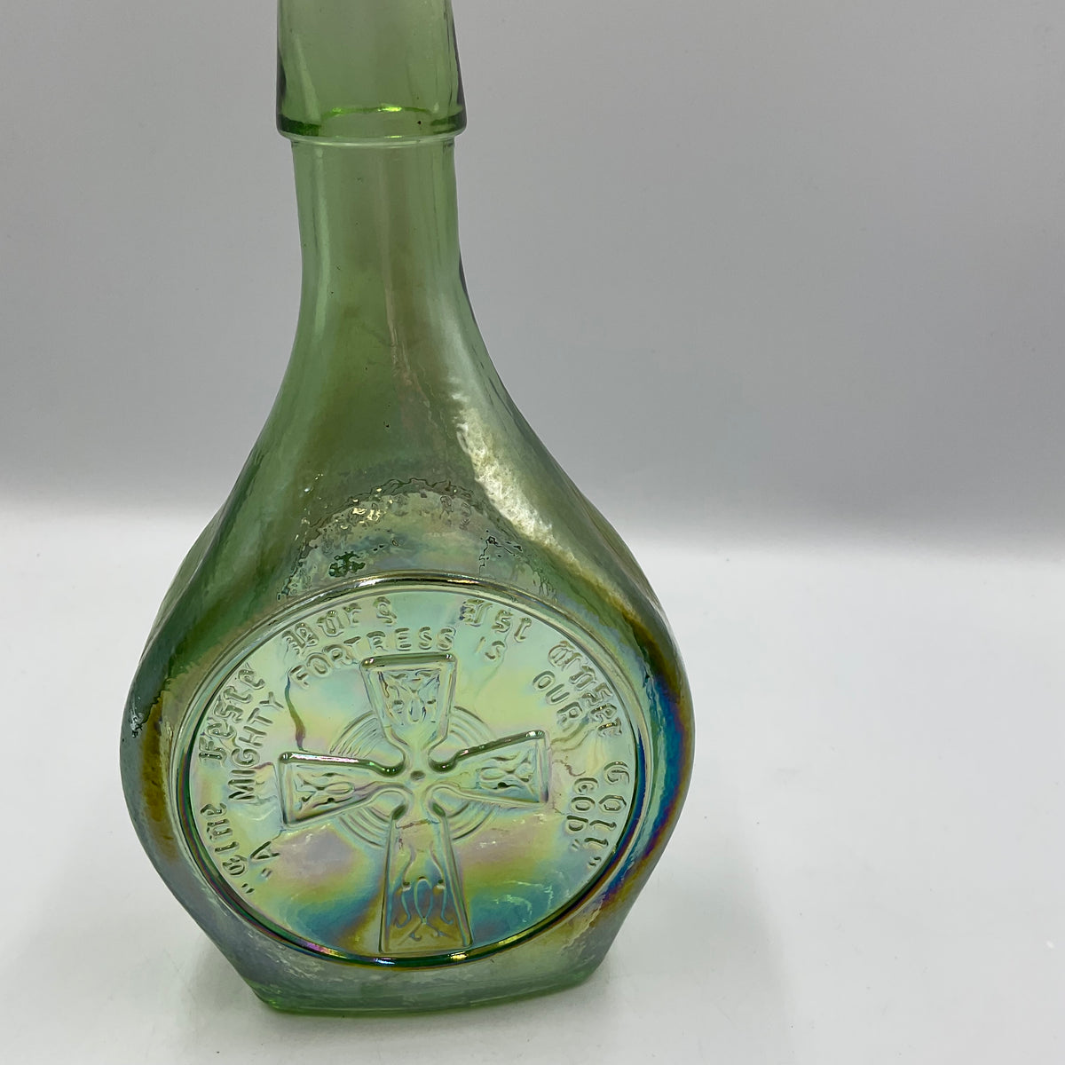 Vintage Wheaton Featuring Billy Graham Green Iridescent Carnival Glass Bottle