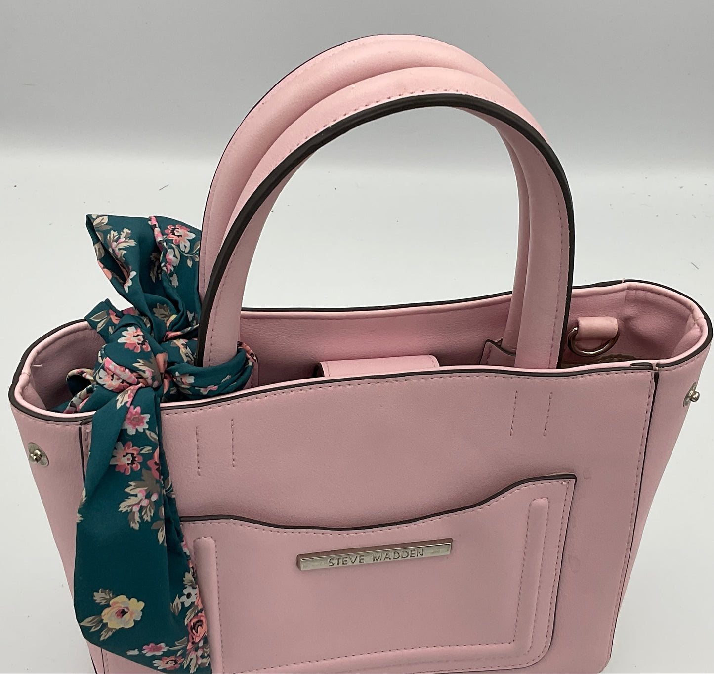 Steve Madden Small Pink Tote Handbag Purse Blue Floral Scarf Accent