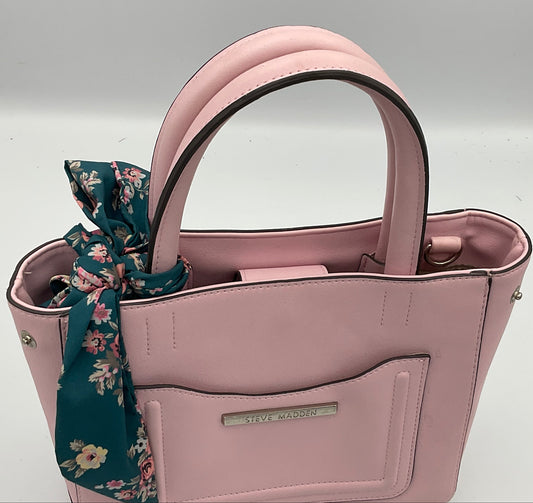 Steve Madden Small Pink Tote Handbag Purse Blue Floral Scarf Accent