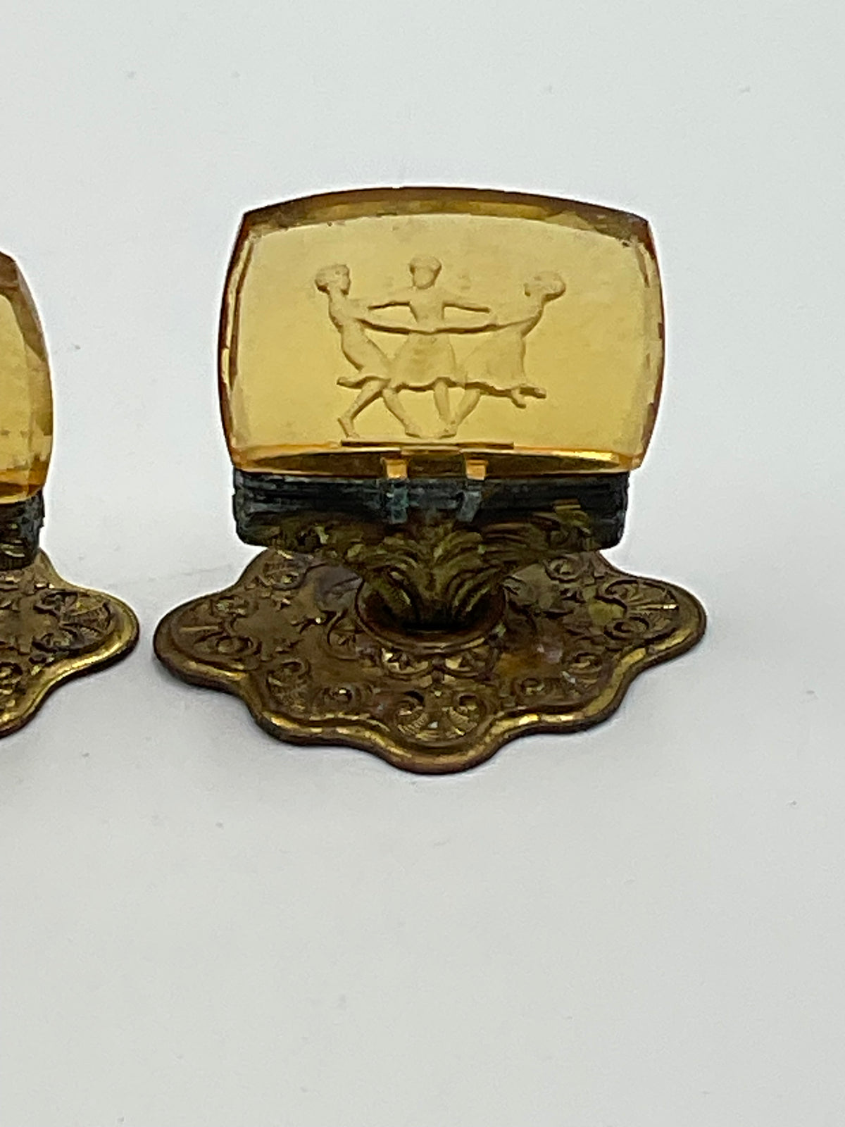 1920s or 1930s Antique Art Deco Czech amber intaglio glass place card holders