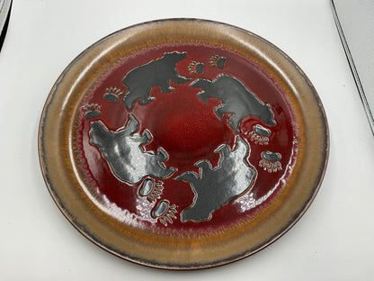 Rustic Bear Round Ceramic Serving Platter Red Brown Lodge Cabin Decor
