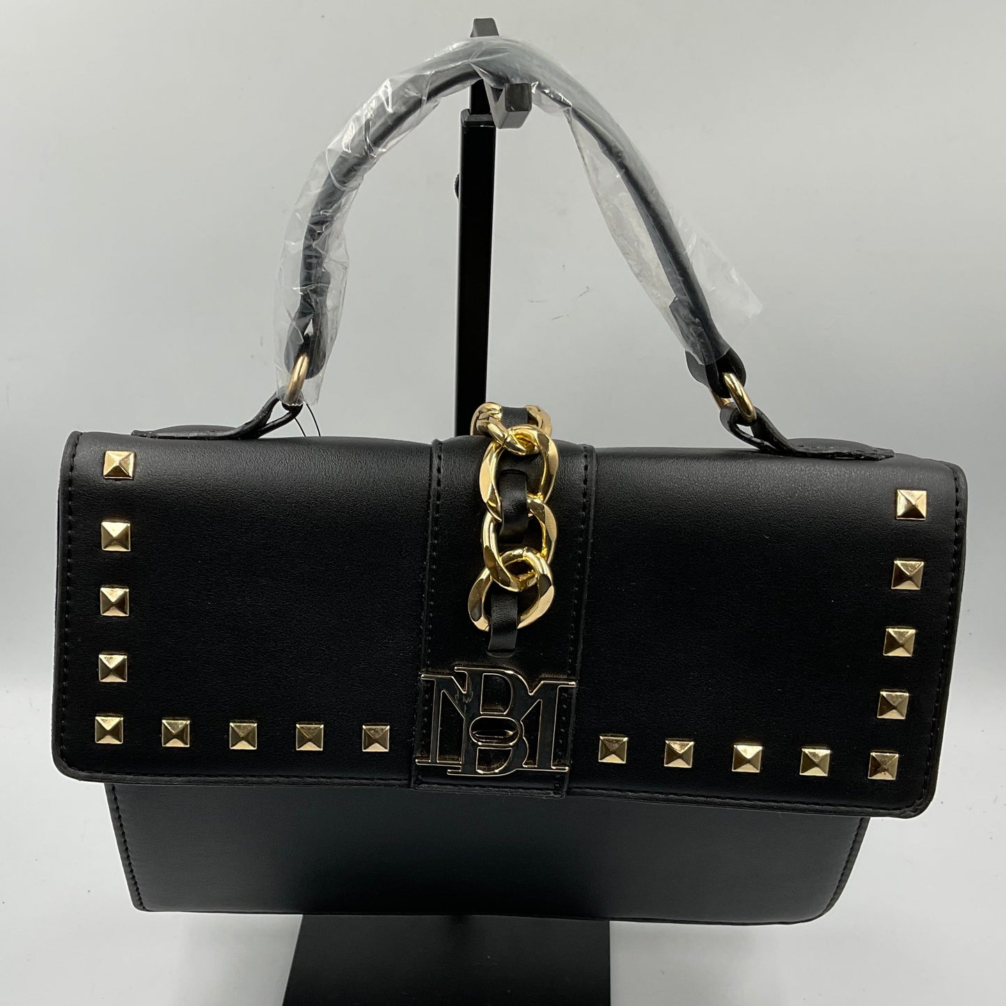 Badgley Mischka Monogram Black Studded Satchel Handbag Goldtone Hardware New with Tags NWT