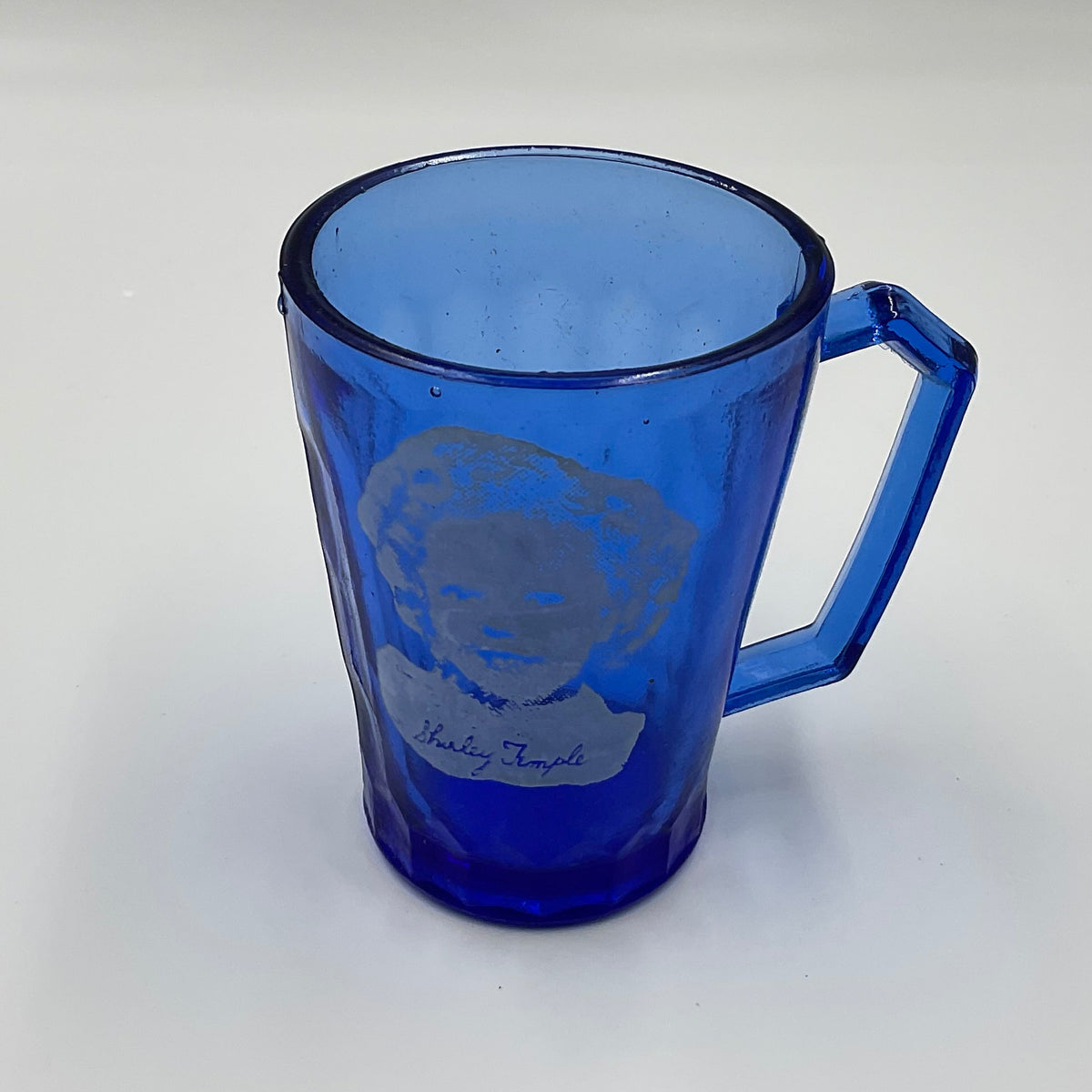 1930s Shirley Temple cobalt blue depression glass child’s mug