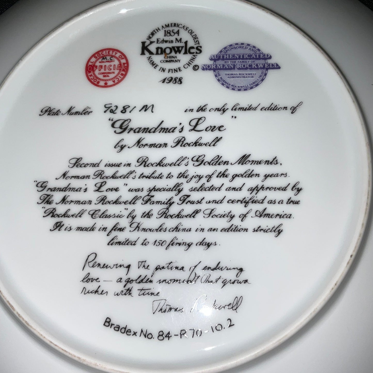 Norman Rockwell Grandma's Love Fine China Decorative Plate