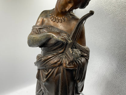 Painted Bronze Neoclassical Sculpture Lady with Lyre