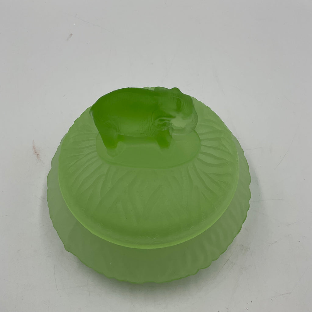 Elephant Powder Jar L.E Smith Frosted Green Uranium Glass