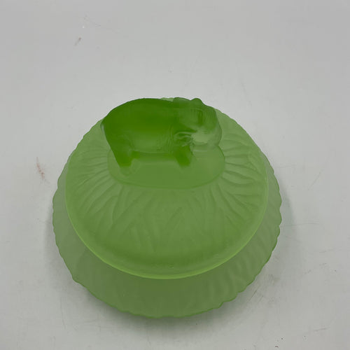 Elephant Powder Jar L.E Smith Frosted Green Uranium Glass