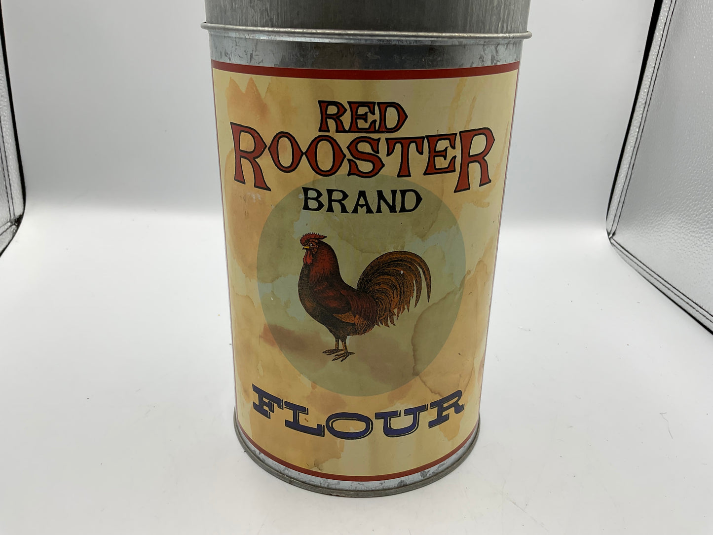 RED ROOSTER Vintage Tin Canister Nesting 4 Cans, Flour Sugar Coffee Tea
