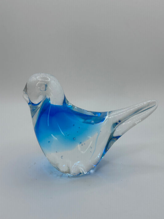 Blue and Clear Murano Style Hand-Blown Glass Bird Artistic Figurine