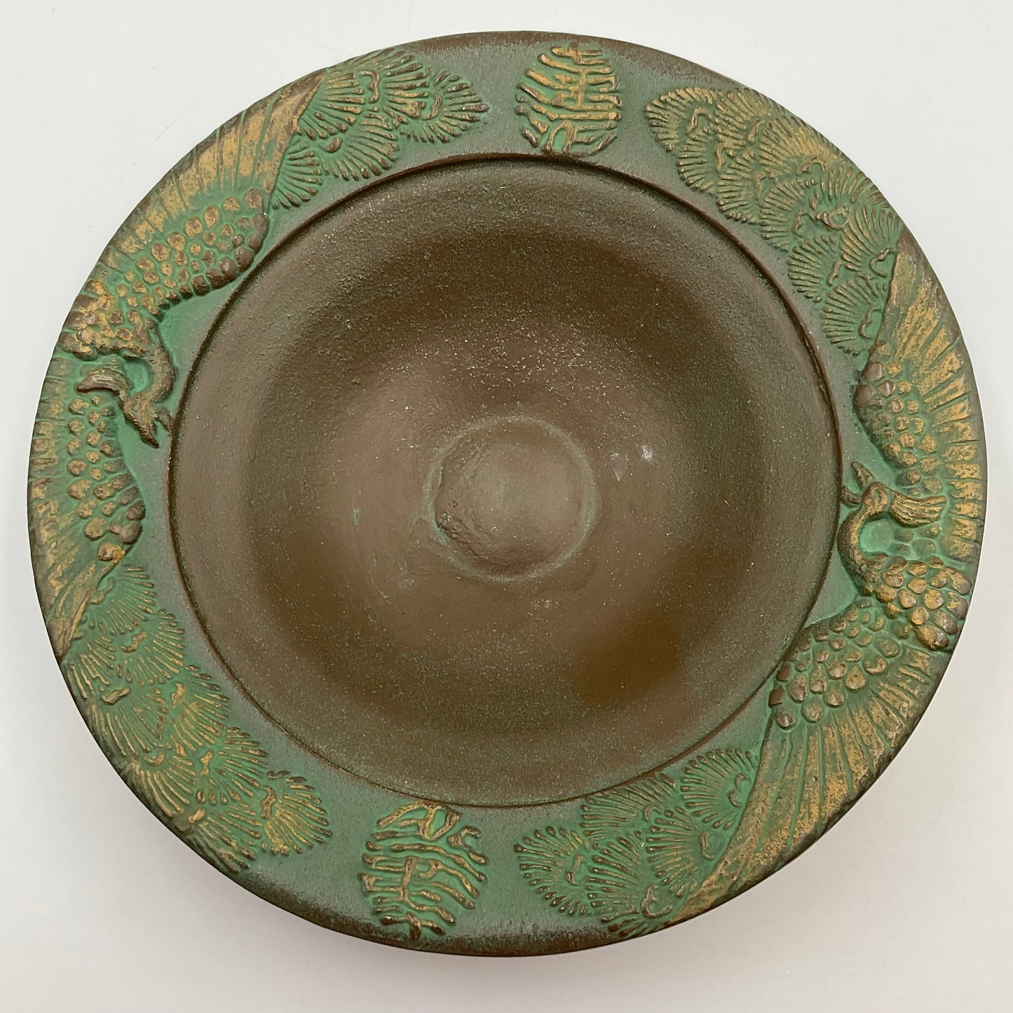 Japanese Cast Iron Incense Bowl With Peacock & Calligraphy Designs