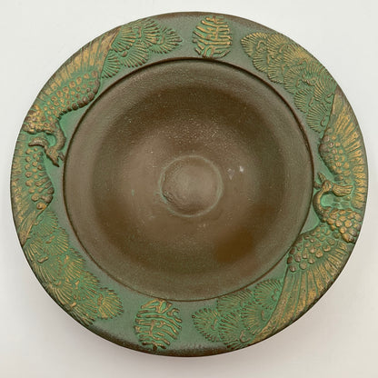 Japanese Cast Iron Incense Bowl With Peacock & Calligraphy Designs