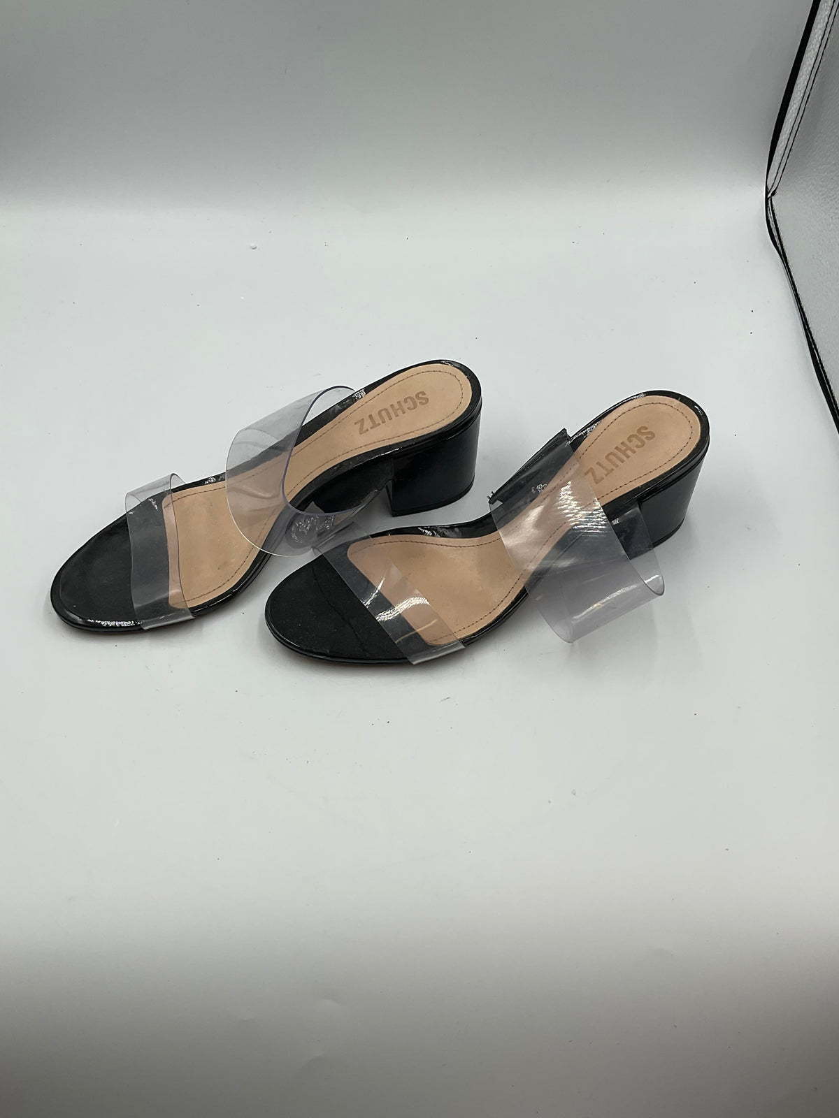 Schutz Victorie Clear Vinyl Double Strap Block Heel Slide Sandals Black Size 8.5 B