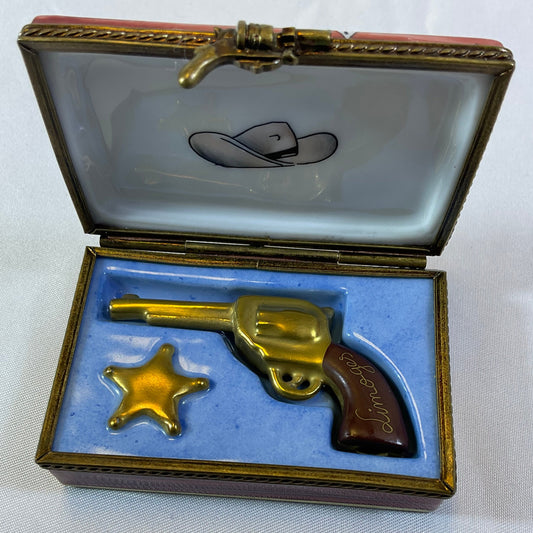 Peint Main Limoges France Marque Deposee Signed PV Hand Painted Wanted Poster Box Mini Removable Revolver