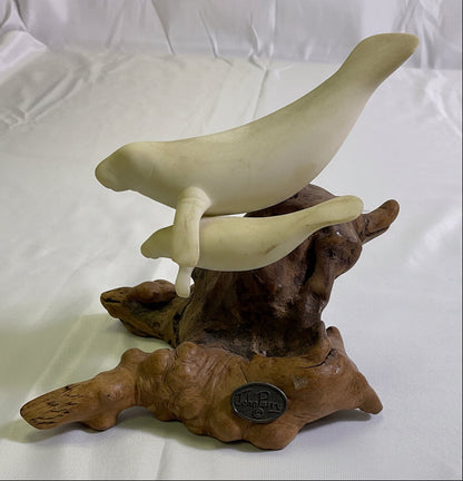 Florida Manatees White Pellucida Resin Sculpture on Burlwood by John Perry