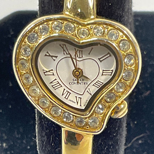 Sarah Coventry Heart Shape Jeweled Goldtone Hinged Bracelet Style Stainless Steel Women's Watch