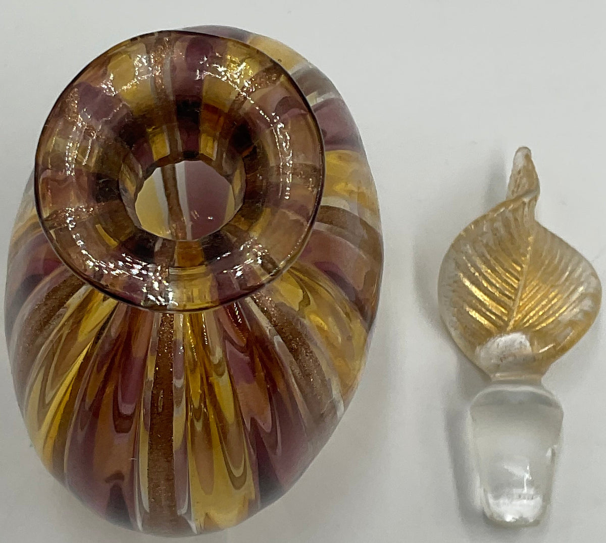 Murano Style Striped Art Glass Bottles Gold Aventurine Stoppers Set of 2