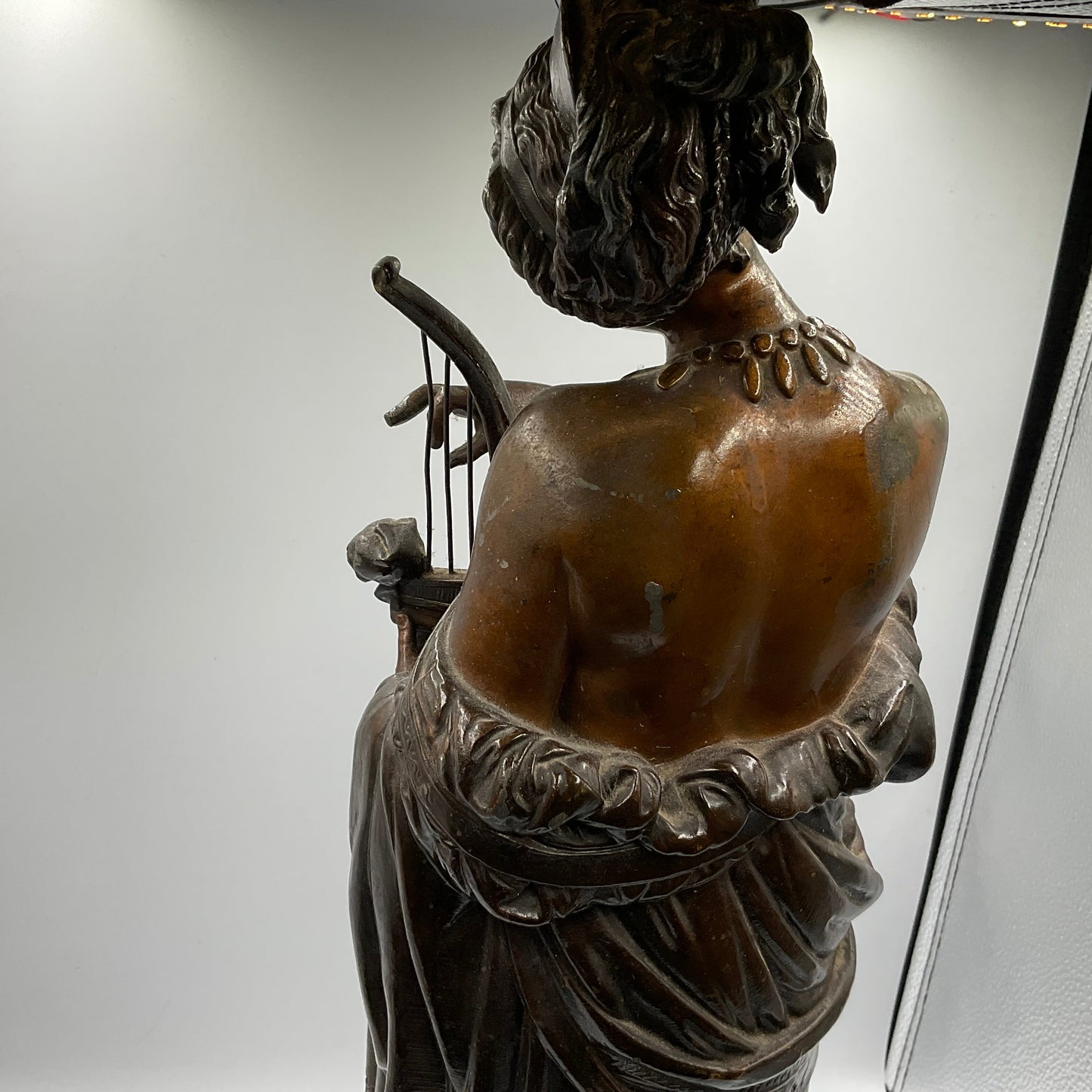 Painted Bronze Neoclassical Sculpture Lady with Lyre