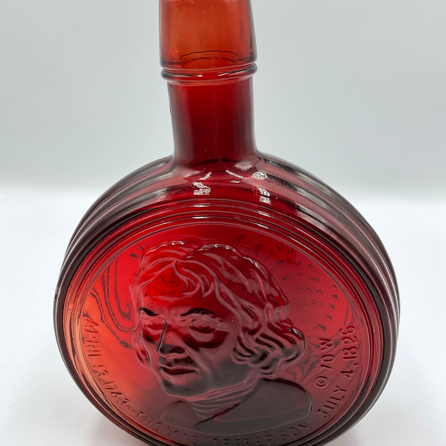 Vintage Wheaton Ruby Red Portrait of Thomas Jefferson Carnival Glass Bottle