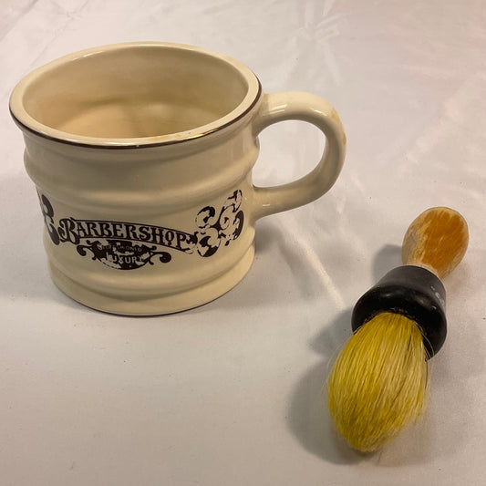 Old Fashioned Luxury Barbershop Shaving Cream Mug Lather Brush Set Bar of Soap