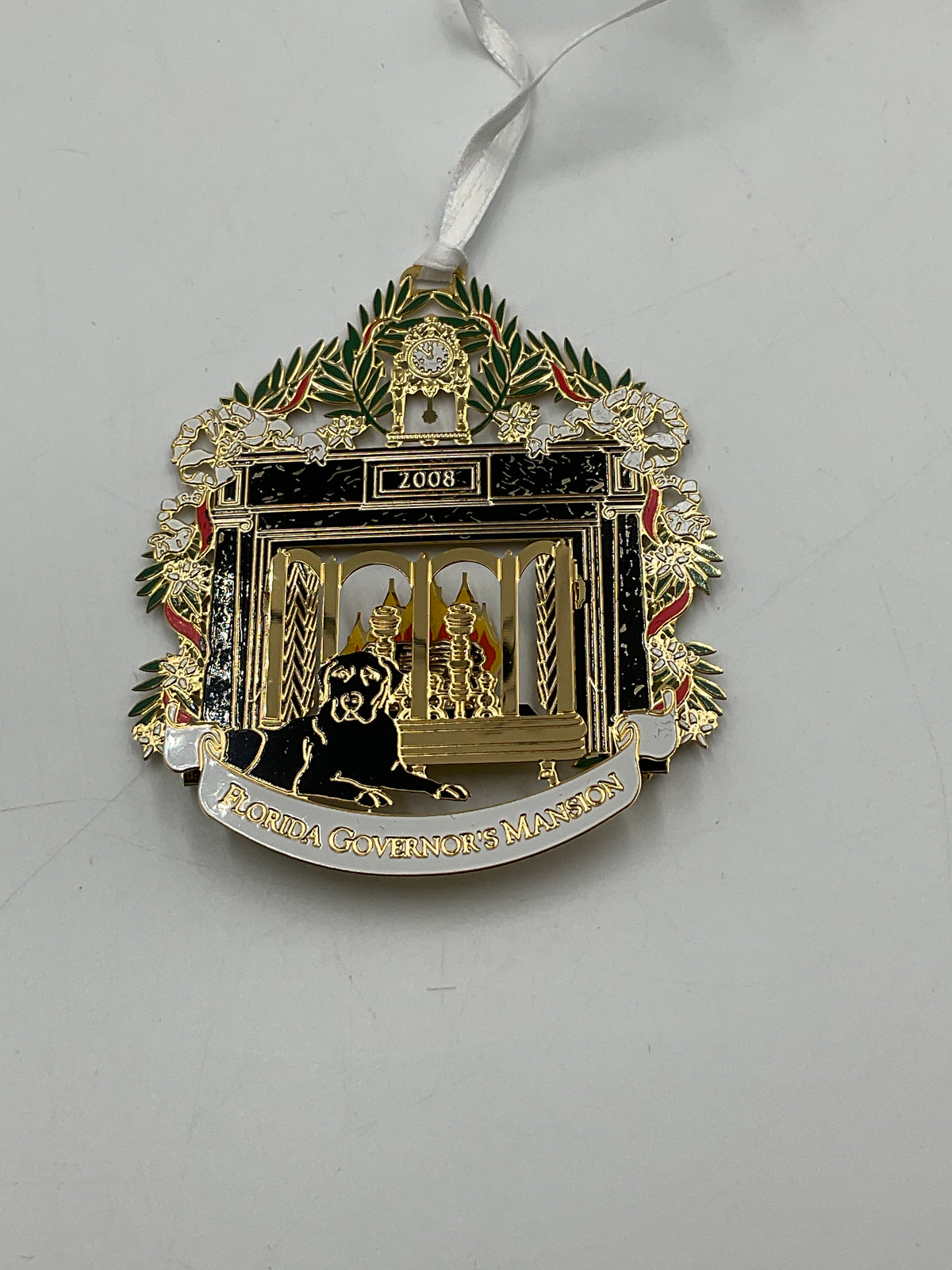 2008 Florida Governor's Mansion Ornament The Lafayette Clock 24K Gold Box Stand
