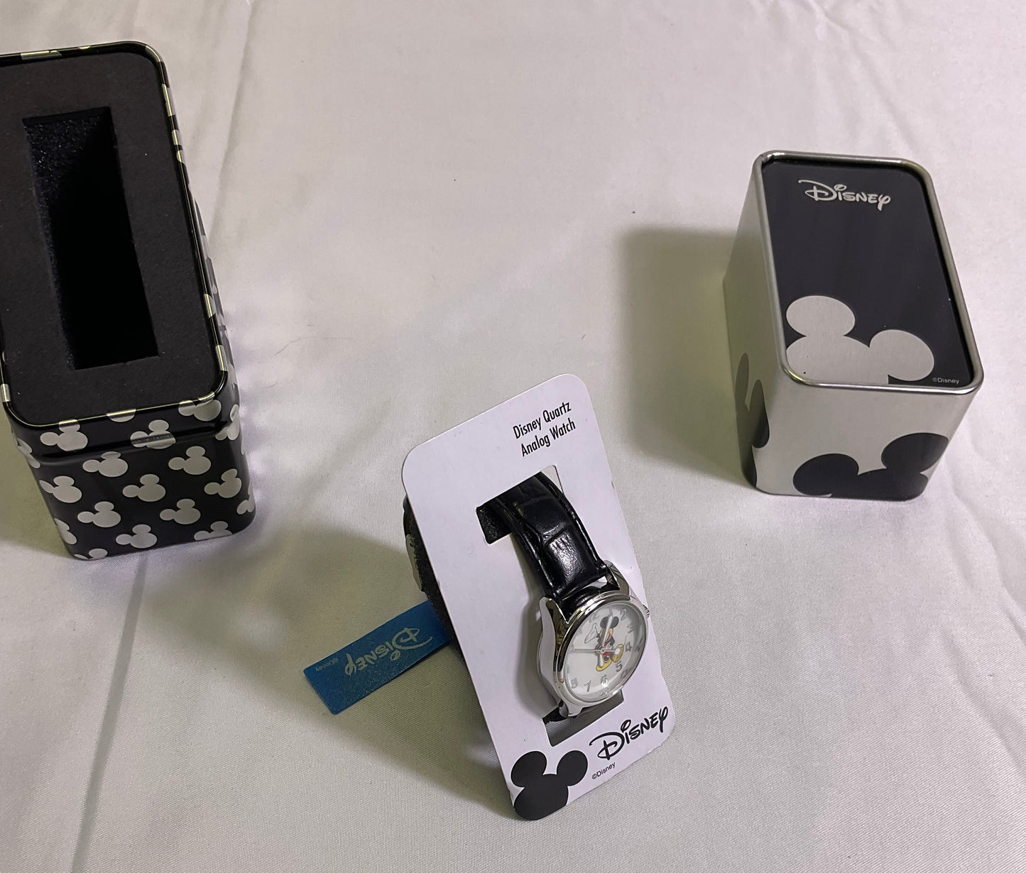 Disney Mickey Mouse Quartz Analog Watch Silvertone Casing Black Band New with Tags in Original Box