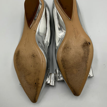 Salvatore Ferragamo Viva Bow-Detailed Silver Ballet Flats Size 5 Damaged