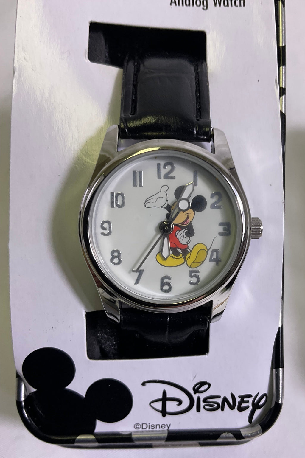 Disney Mickey Mouse Quartz Analog Watch Silvertone Casing Black Band New with Tags in Original Box