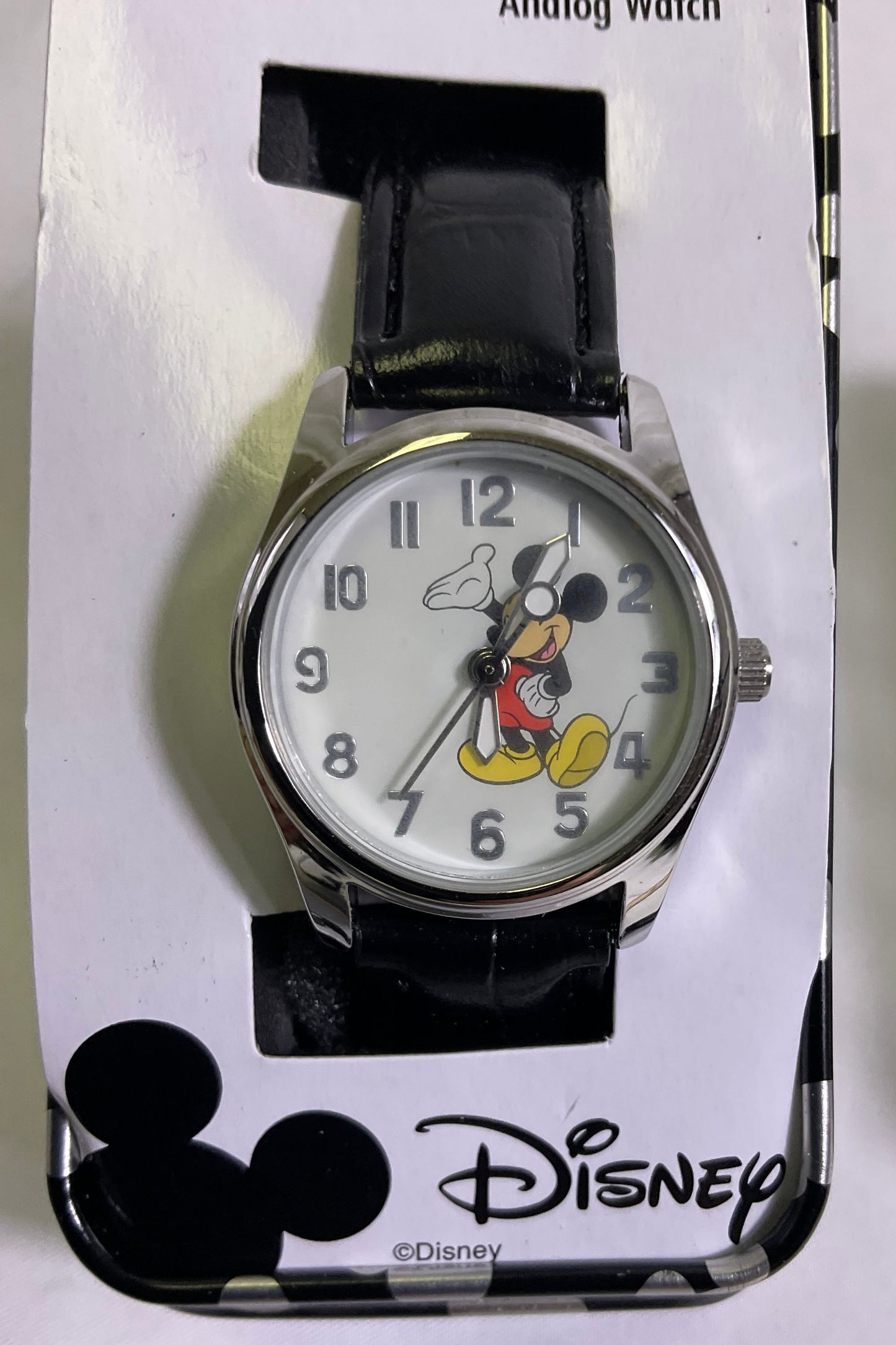 Disney Mickey Mouse Quartz Analog Watch Silvertone Casing Black Band New with Tags in Original Box