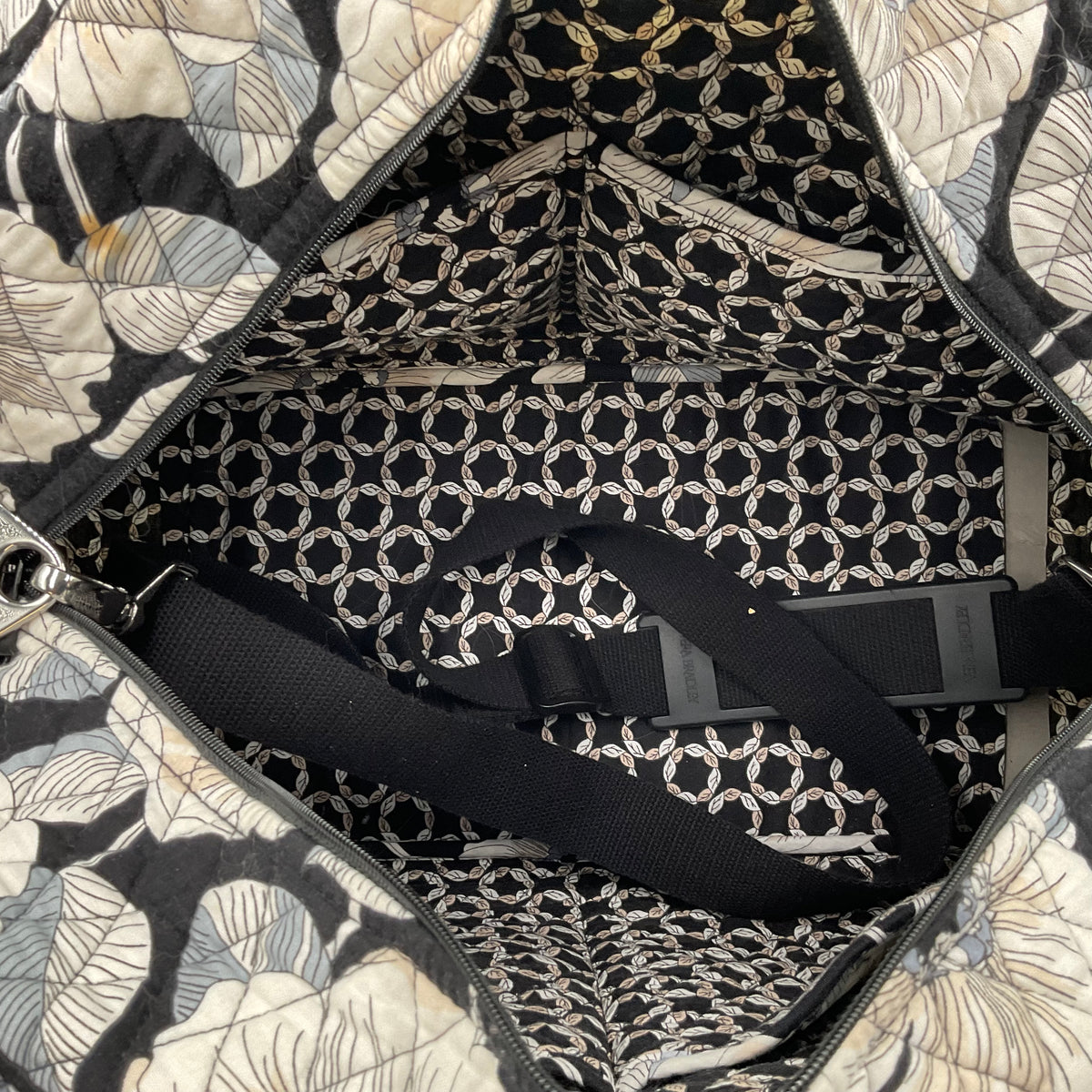 Vera Bradley Large Duffel Bag Black With White/Tan Flowers