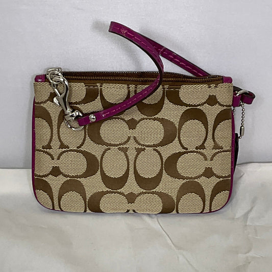 Coach Purple Fuchsia Stripe Classic Tan Leather Wristlet Wallet 6"x4" Excellent Condition