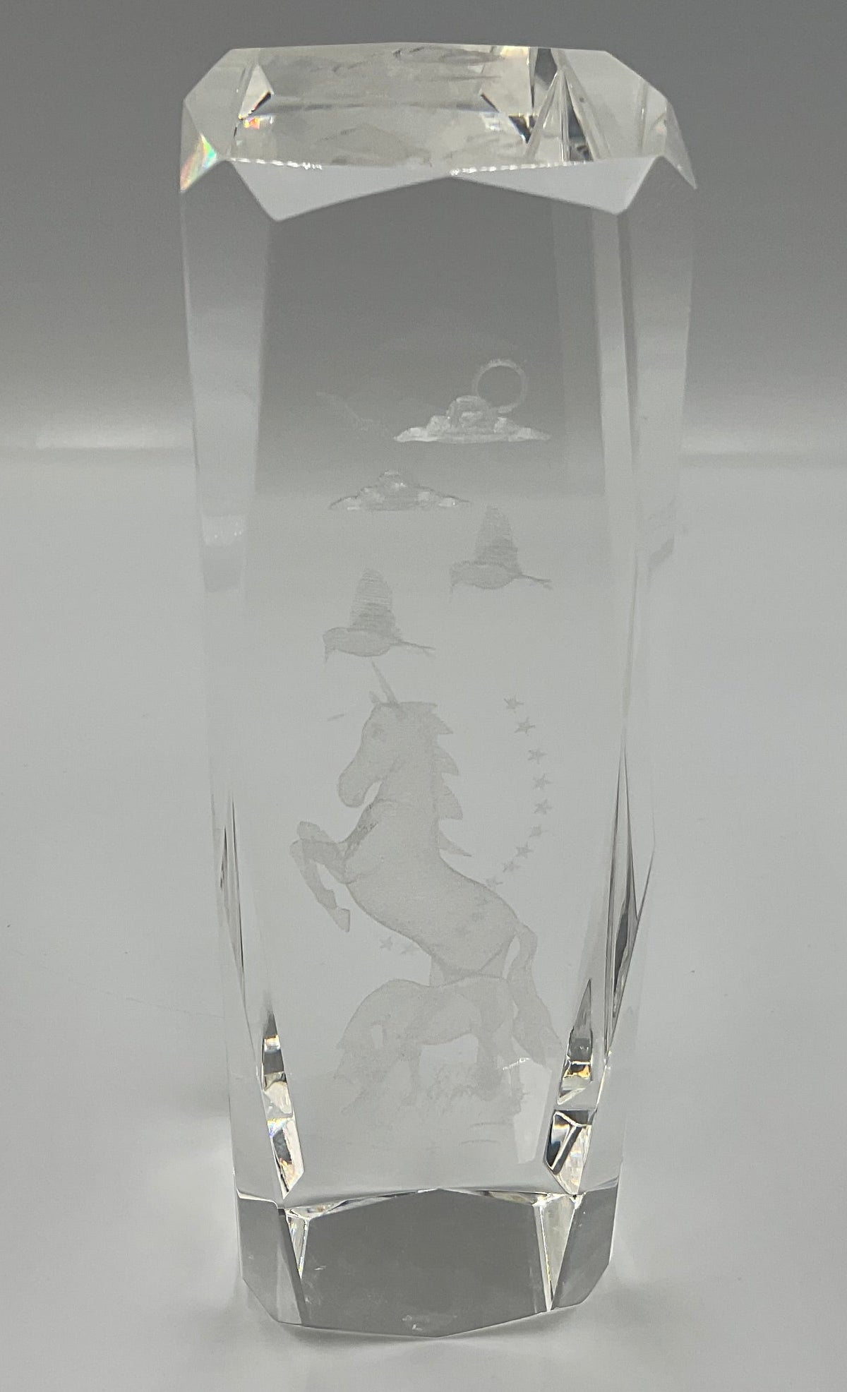Vintage 3D laser-etched Fantasy Unicorn crystal glass paperweight