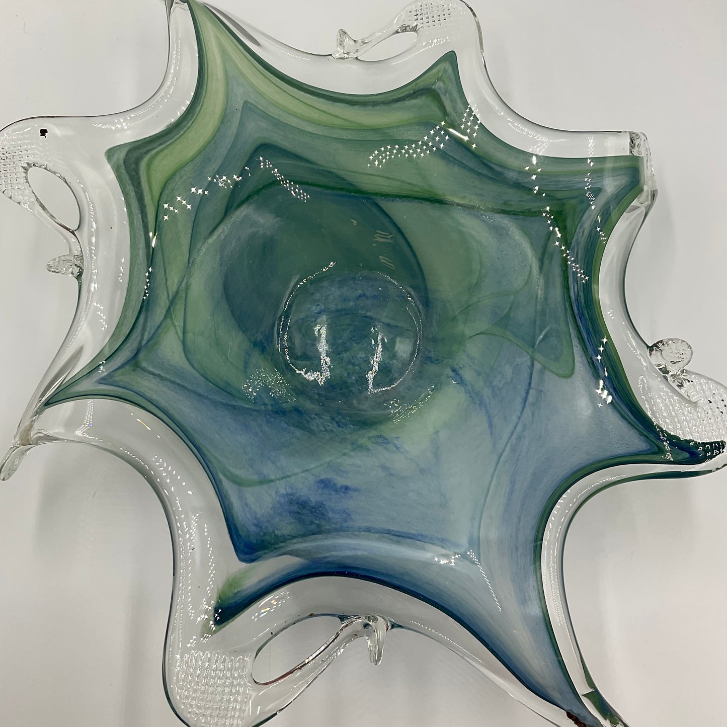 Murano Art Glass Bowl Blue with Green Swirls