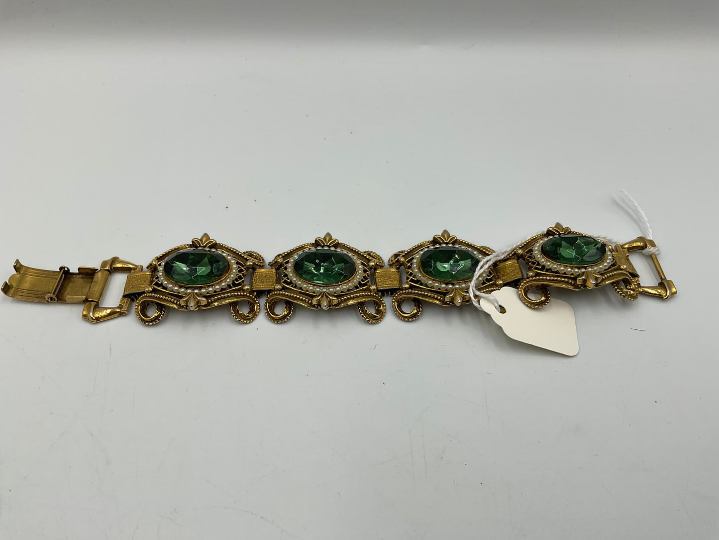 Vintage Gold Tone Bracelet with Large Green Oval Stones