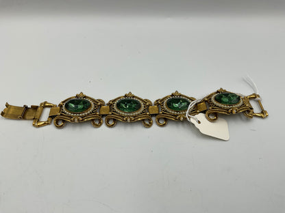 Vintage Gold Tone Bracelet with Large Green Oval Stones