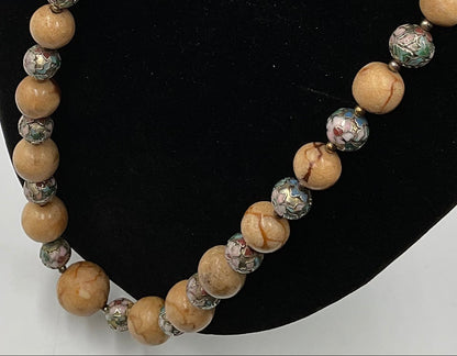 Ball Bead Tan Silvertone Red Vein Design Necklace Fashion Jewelry