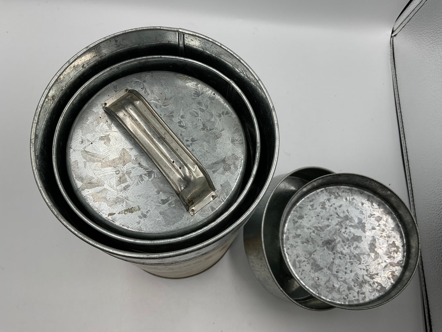 RED ROOSTER Vintage Tin Canister Nesting 4 Cans, Flour Sugar Coffee Tea